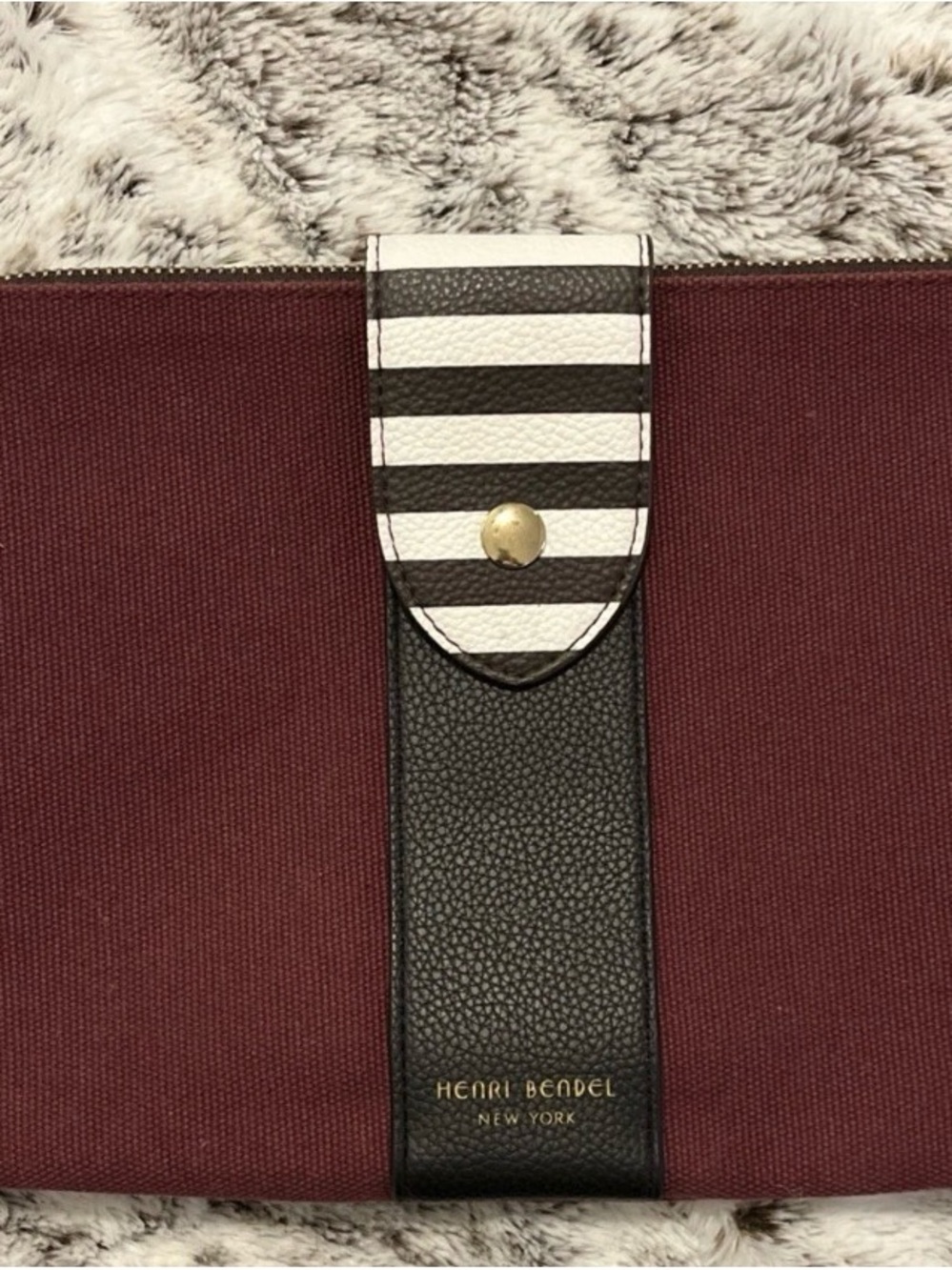 Rare RETAIL ARCHIVE Henri Bendel Maroon Canvas Cosmetic Bag Clutch Striped